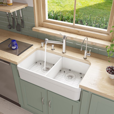 Alfi Brand White 32" Dbl Bowl Lip Apron Fireclay Farmhouse Kitchen Sink, 1.75" Lip AB512-W